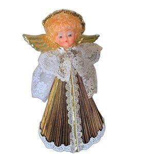 Vintage MCM Christmas Angel Felt Paper Centerpiece LaceGold Sequin Handmade 12"